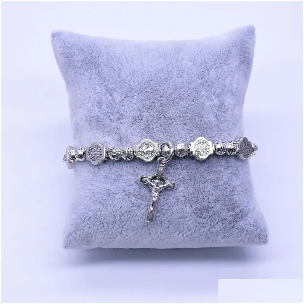 st. benedict antique silver cross bead bracelet christ cross icon bracelet beaded bracelet