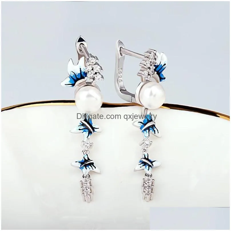 Dangle & Chandelier Elegant Blue And White Flower Earrings Long Tassel Pearl Butterfly 925 Sier Womens Jewelry Handmade Enamel Drop D Dhfdw