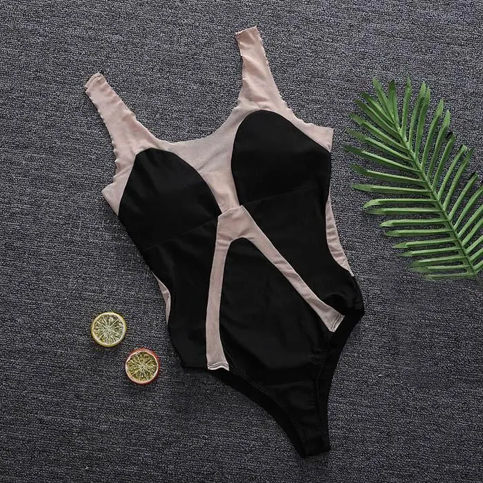 Women`s Swimwear Sexy Mesh Patchwork One Piece Swimsuit 2022 Summer Beach See Through Bathing Suit Women Bikini Skinny Bodysuits