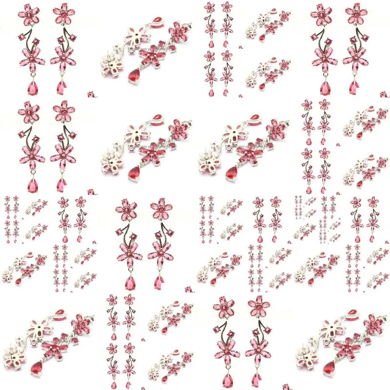 earrings 46x13mm street fashion flowers shape pink raspberry rhodolite garnet bride wedding daily wear silver earrings