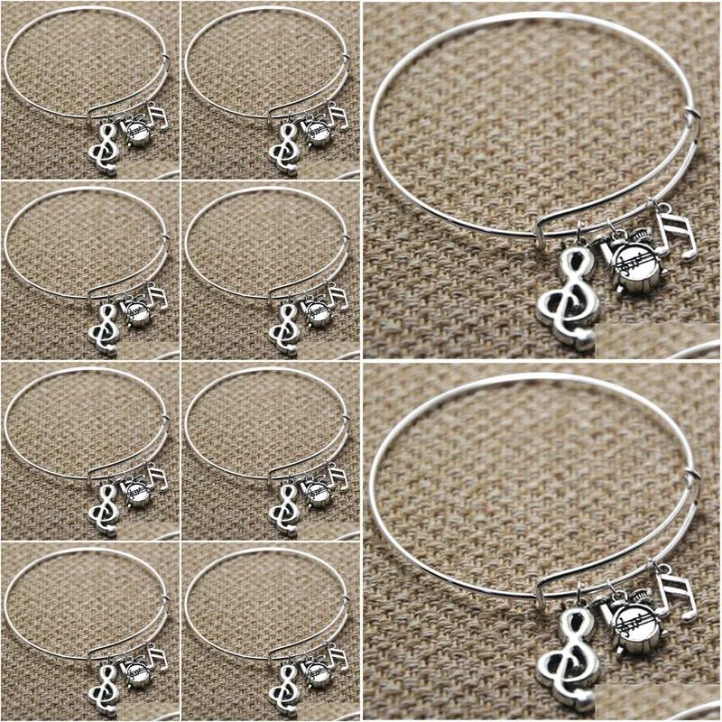 Bangle Bracelets 12Pcs Drums Music Bracelet Treble Clef And Musicnote Charm Bangles Drop Delivery Jewelry Dhha8