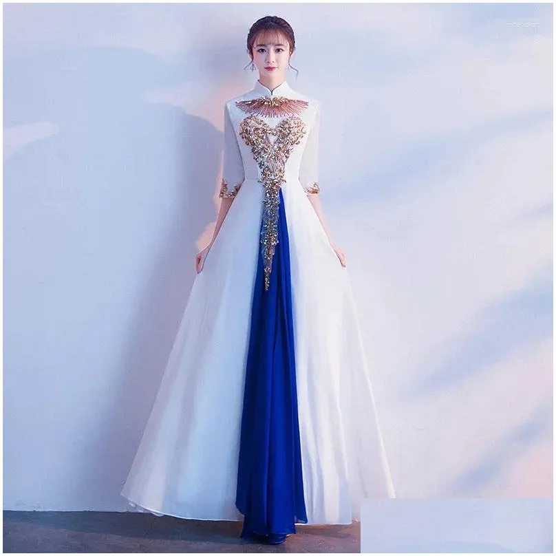 Ethnic Clothing Chinese Style Female Qipao Evening Party Dress Chorus Performance Half Sleeve Patchwork Vestidos De Festa Pleated