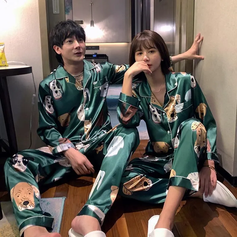 Women`s Sleepwear Women And Men Pajamas Sets Couples Cartoon Pijama Femme Pyjamas Lovers` Clothes Casual Home Wear Silk Satin