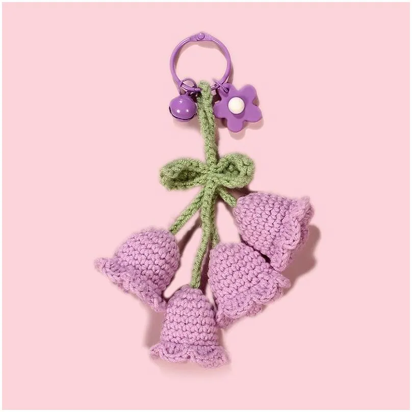 fashion hand-hook woven wool flower keychains girl schoolbags cute keychain pendant bell hanging jewelry accessories gift lady