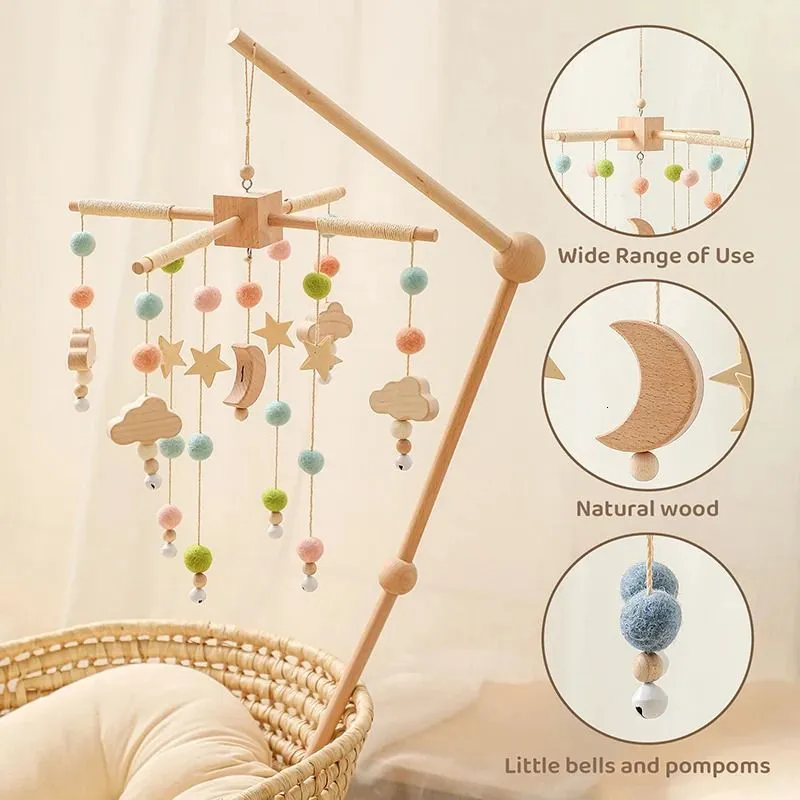 Baby Toy Wooden Mobiles Bed Bell Moon Clouds Rattle For born Developing Diy Accessories Crib Holder Arm Brackets Gifts 240226