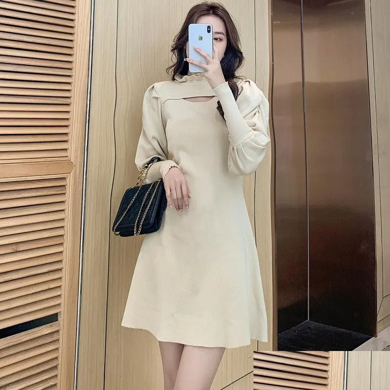 Casual Dresses Women One Piece Dress Autumn 2023 Office Lady Korea Style Knitting Long Sleeve Patchwork Solid Black Robe