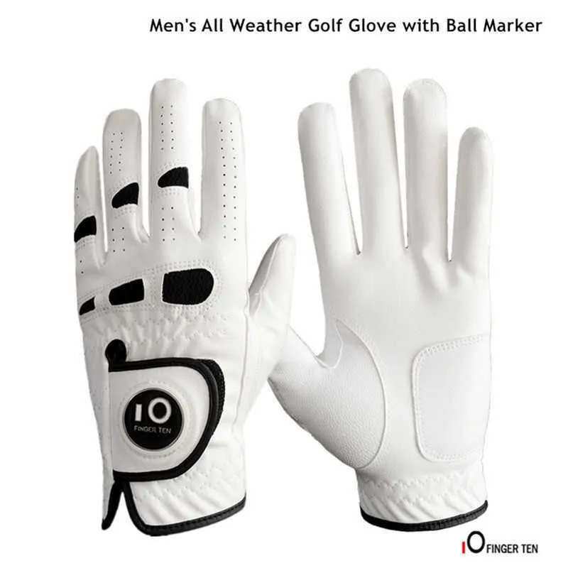 Men`s Golf Gloves with Ball Marker Left Hand Lh for Right-Handed Golfer All Weather Grip Fit Small Medium ML Large XL Finger Ten