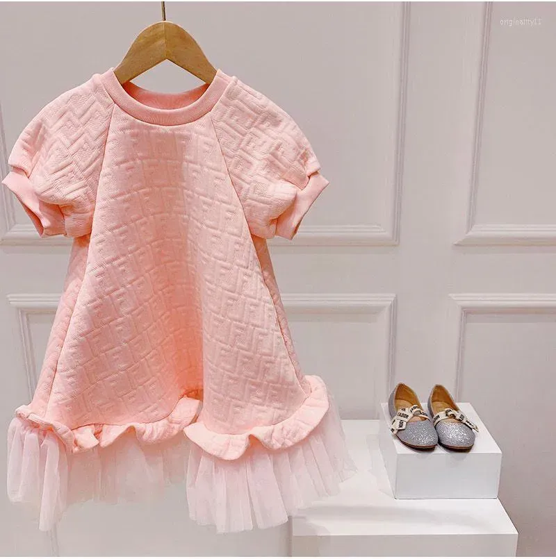 Girl Dresses Spring Summer Girls Dress Fashion 2-9Y Children Pink Long Baby Short-sleeved Mesh Princess Teenage Clothing