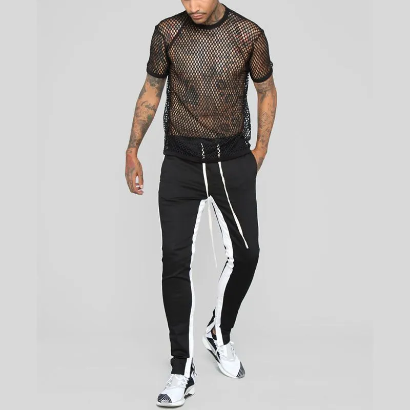 Mens Transparent Sexy Mesh T Shirt 2022 New See Through Fishnet Long Sleeve Muscle Undershirts Nightclub Party Perform Top Tees