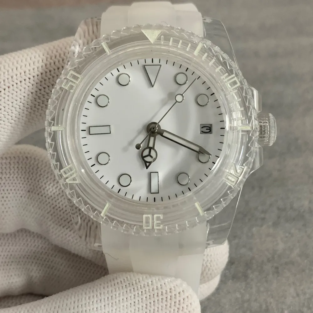 Luminous Transparent Plastic Case 40mm Automatic Mechanical Watch Acrylic Glass with Dandong 2813 Movement