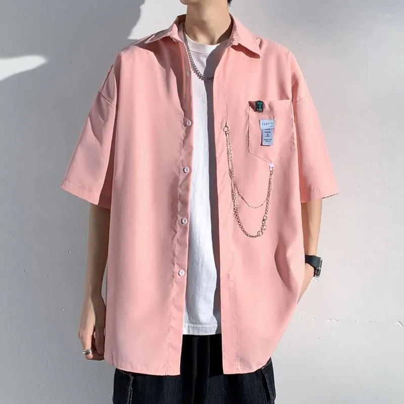 Men`s Casual Shirts Oversized Harajuku Chain Design Short Sleeve Unisex Blouses Fashion Summer Male Korean Clothing