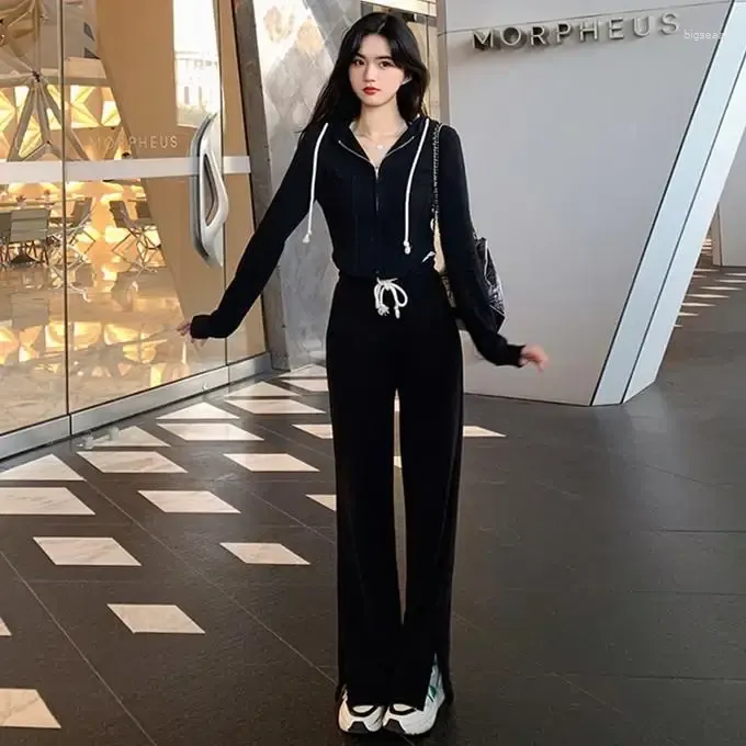 Women`s Two Piece Pants Spring Autumn Twp Pieces Suits For Women Chic Hooded Long Sleeve Sweatshirt Outwear Top Wide Leg Lady