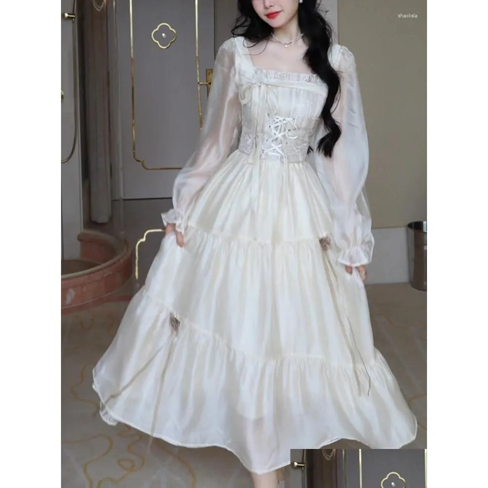 Casual Dresses French Vintage Elegant Fairy Dress Women Yellow Sweet Korean Style Long Sleeve Evening Party Midi Sutumn 2023