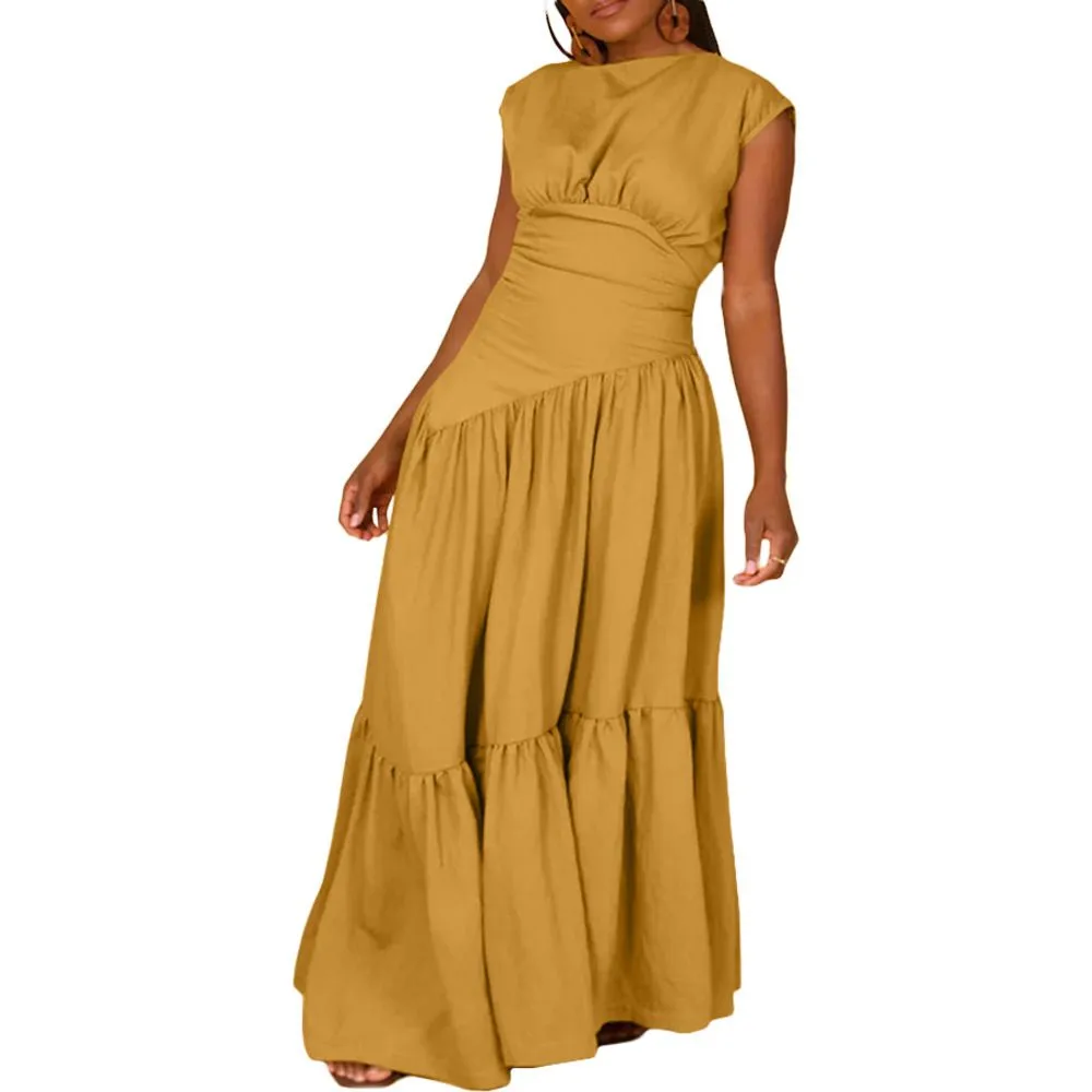 Hot Style Women Sleeveless Pleated Dress Summer Fashion Solid Color Slim Waist Ruffles Bottom A Line Casual Maxi Dresses