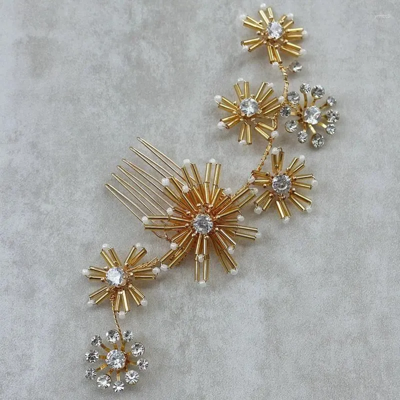 Hair Clips Handmade Exquisite Gold Color Snowflake Bridal Comb Gorgeous Crystal Hairpin Women`s Earrings Wedding Tiara Accessoessories