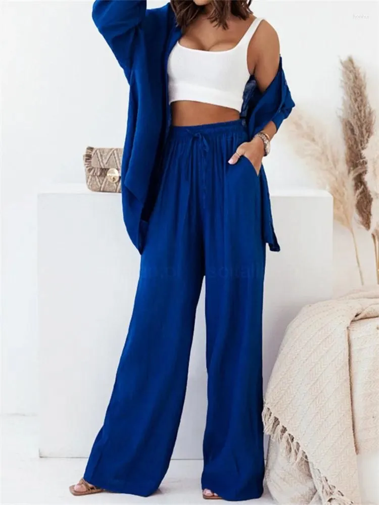 Women`s Two Piece Pants Women Solid Color 2 Pant Sets Turn-Down Collar Long Sleeve Shirts Wide Leg Trousers Casual Loose Streetwear