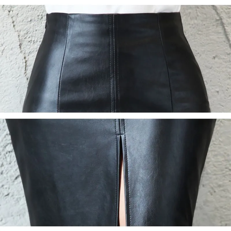Skirts Black PU Leather Skirt Women 2019 New Midi Sexy High Waist Bodycon Split Skirt Office Pencil Skirt Knee Length Ps Size V191111