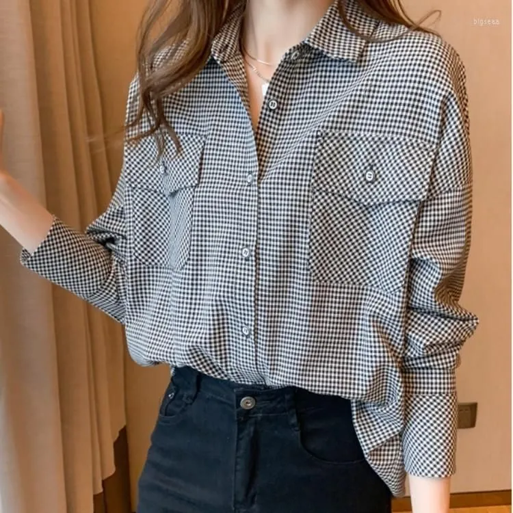 Women`s Blouses 2023 Autumn Women`s Plaid Chiffon Blouse For Women Long Sleeve Shirt Office OL Ladies Pocket Single-Breasted Tops