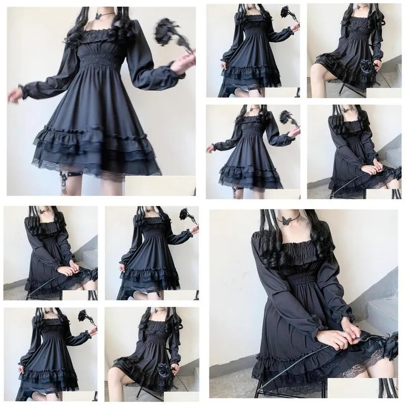 Casual Dresses Autumn 2021 Gothic Fashion Europe America Solid Color V-neck Net Yarn Perspective Long Sleeve Lace Splicing Dress