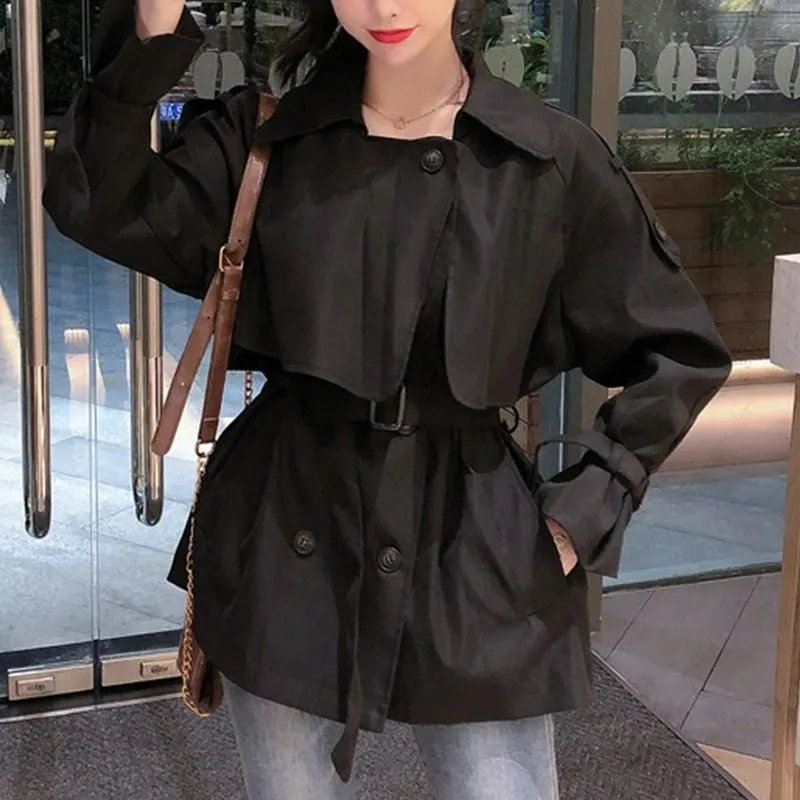 Women`s Trench Coats FTLZZ Spring Women Elegant Turn-down Collar Double Breasted Chic Vintage Pockets Slim Khaki Black Coat With Belt