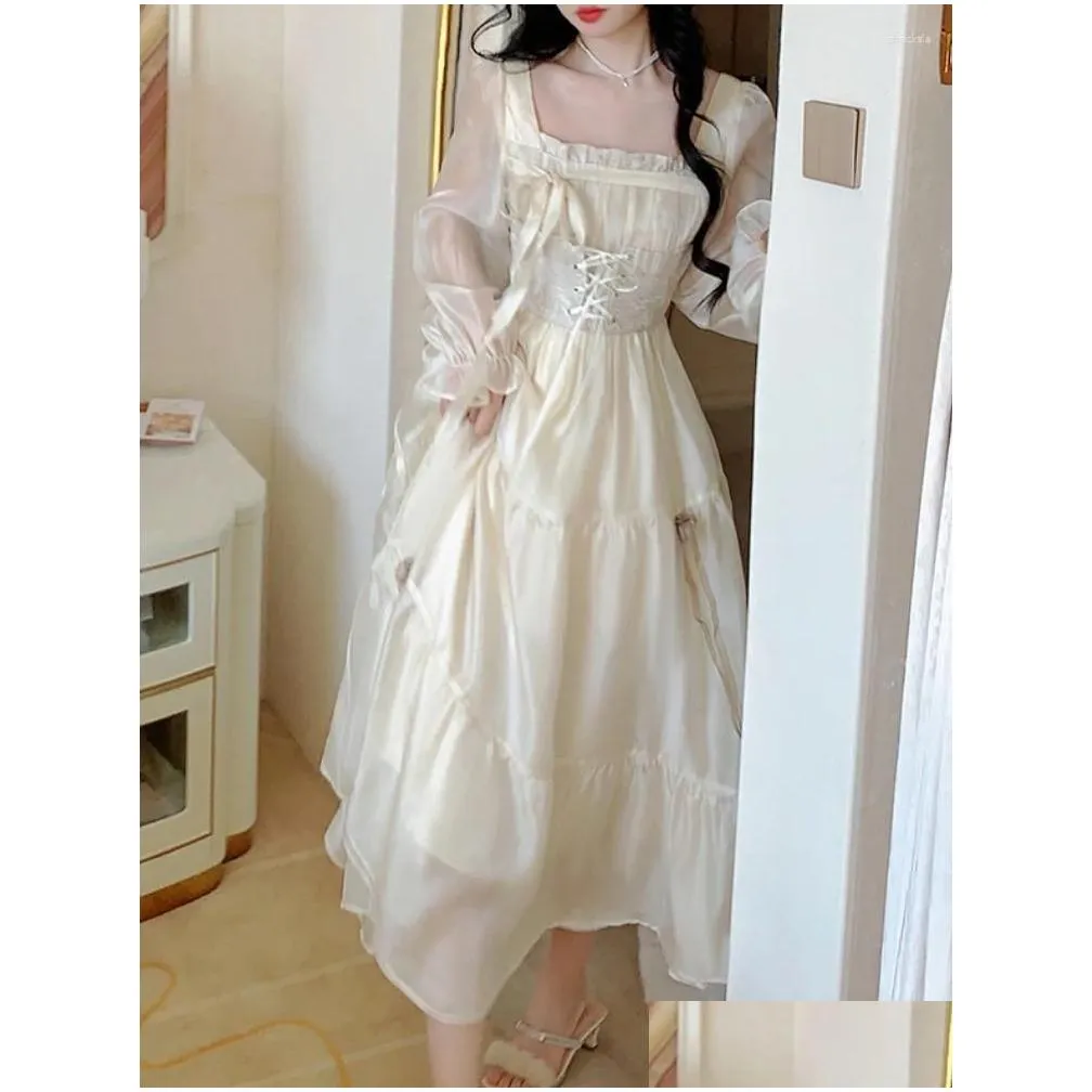 Casual Dresses French Vintage Elegant Fairy Dress Women Yellow Sweet Korean Style Long Sleeve Evening Party Midi Sutumn 2023