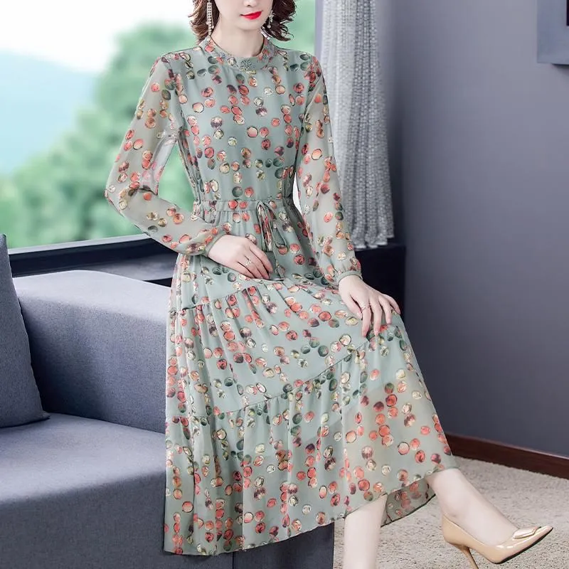 Casual Dresses Elegant Dot Print Long Sleeve Women 2023 Autumn Boho O Neck Chiffon A Line Dress Fashion Party Vestidos