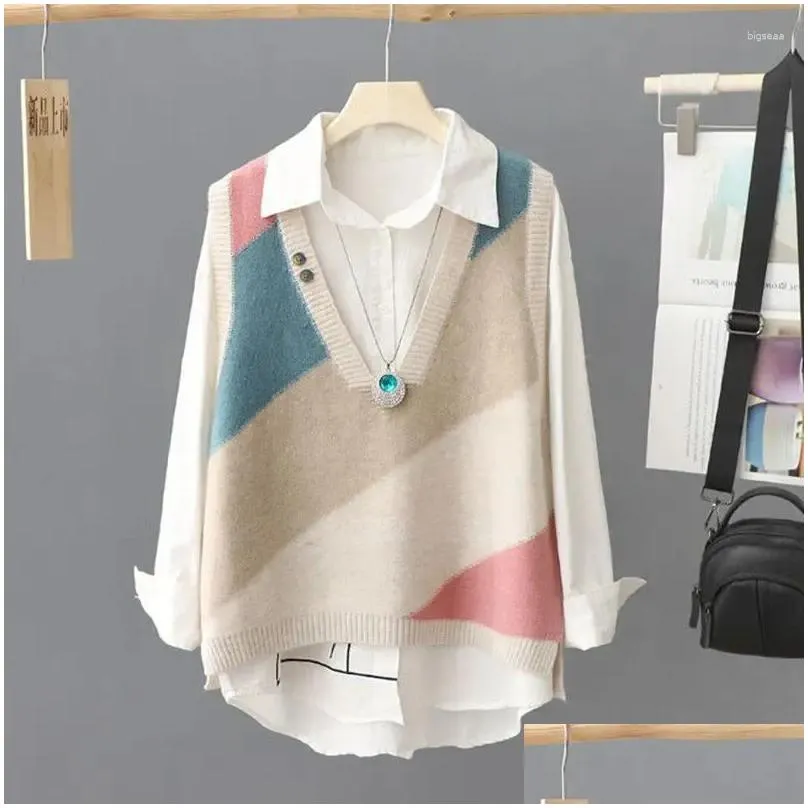 Women`s Vests V-necl Knitted Vest Spring And Autumn 2024 Loose Pullover Sleeveless Sweater Warm Top Ladies Print Waisvest H101