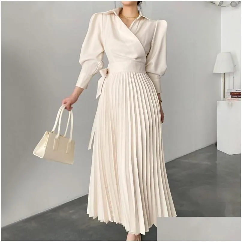 Casual Dresses Long Sleeve High Waist Spring Luxury Autumn Woman Pleated Dress Female A-Line Party Elegant Vintage Maxi For Women