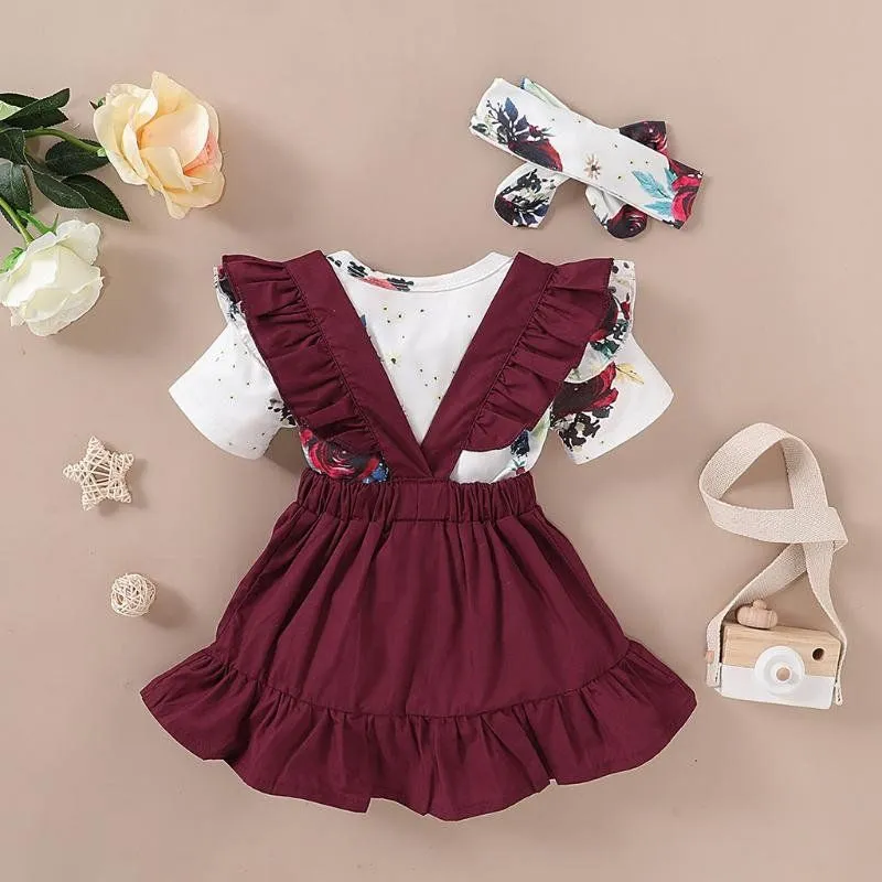 Infant Baby Girl Clothes Newborn Summer Floral Print Short Sleeve Bodysuitsuspender Skirtsheadbands Kawaii Baby Girl Outfits