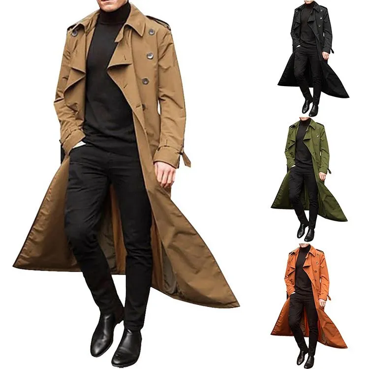 Men`s Trench Coats Men Overcoat Vintage Double Breasted Jacket Coats Mens Business Black Long Solid Windbreak Coat Outwear