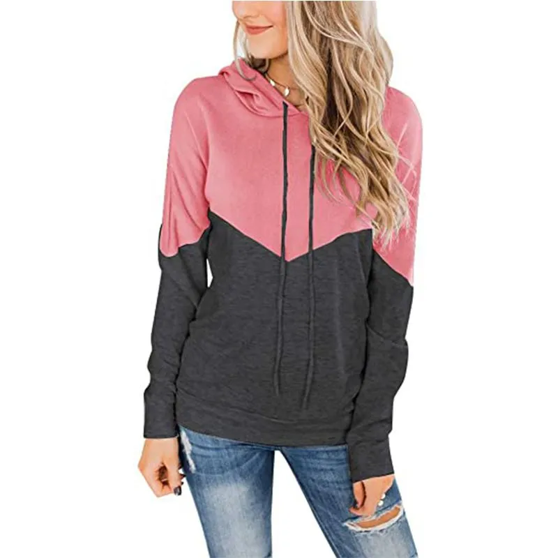 Spot Hoodies European and American tops women`s casual style hooded drawstring contrast color long-sleeved sweater