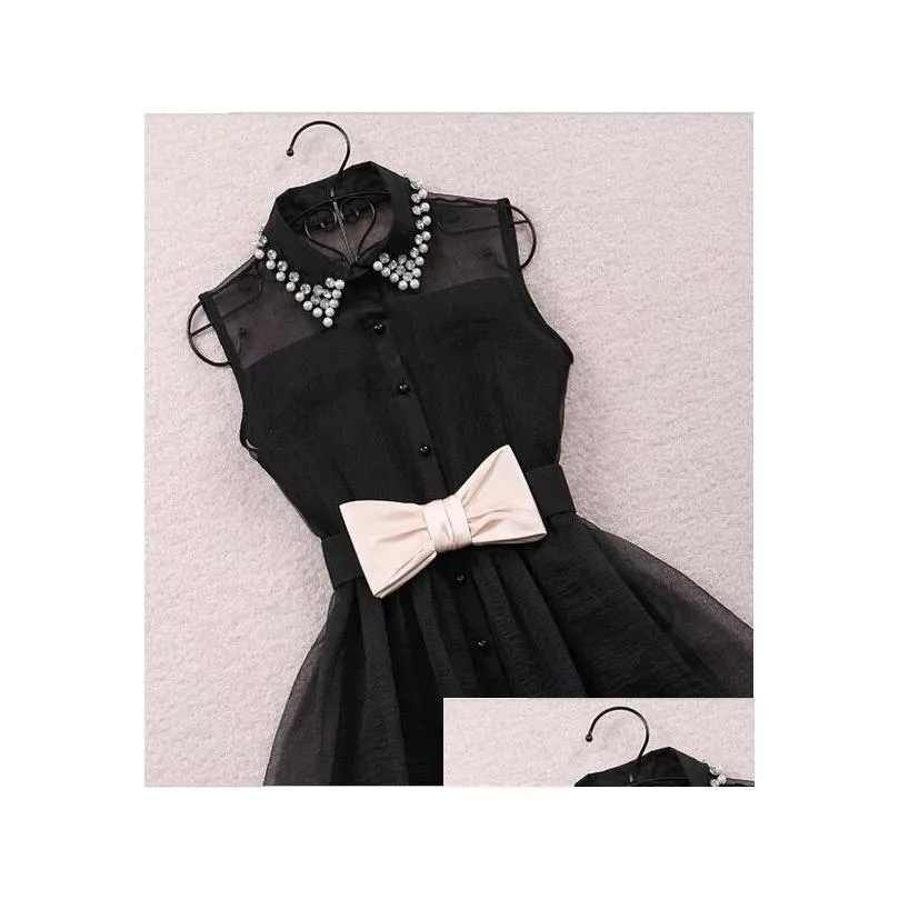 Wholesale-Free Bow Belt Spring Summer 2015 New Fashion Sweet Pearl Diamond Lapel Waist Sleeveless Tank Vest Dress Gauze Tutu