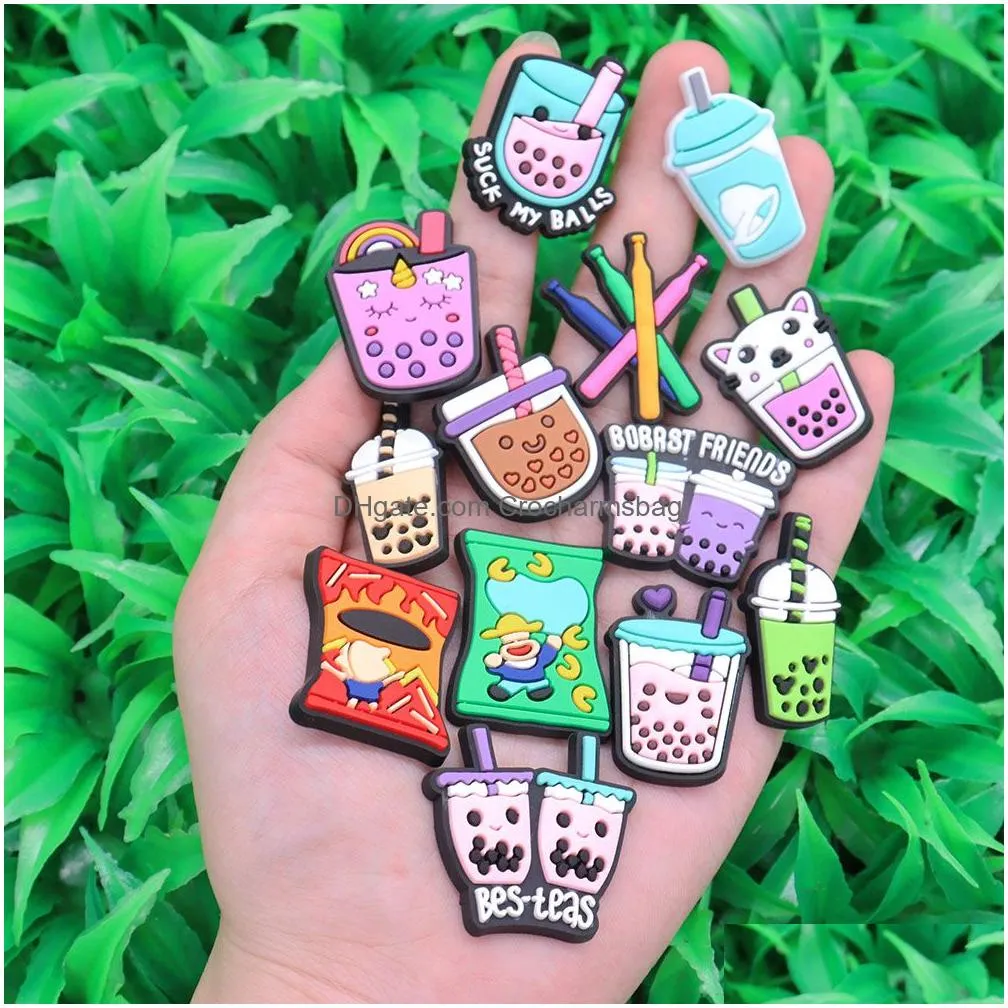 Shoe Parts & Accessories Wholesale 100Pcs Pvc Cartoon Bubble Milk Tea Friend Rabbit Drink Rainbow Sandals Charms Fit Wristbands Orname Dhl5Z