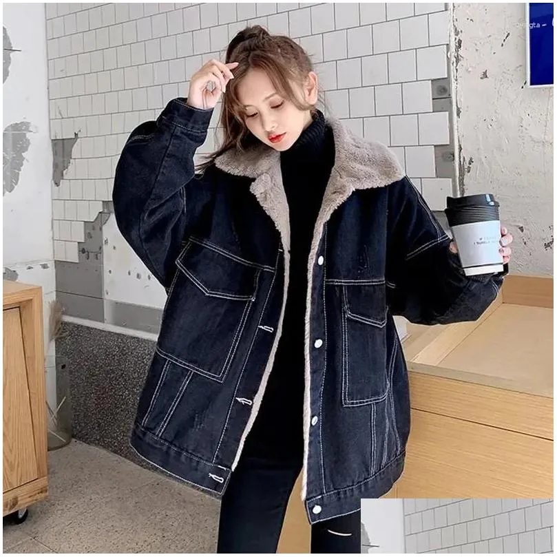 Women`s Down Plus Velvet Thickening Denim Jackets Autumn Winter Turn-down Collar Single-breasted Oversized Coat Women All-match Warm