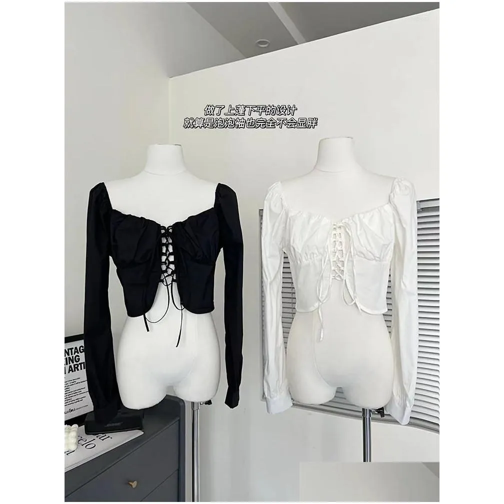 Women`s Blouses Women Solid Color Pleated Crop Tops Square Collar Long Sleeve Tie Up Irregular Shirt Female Hollow Out Harajuku