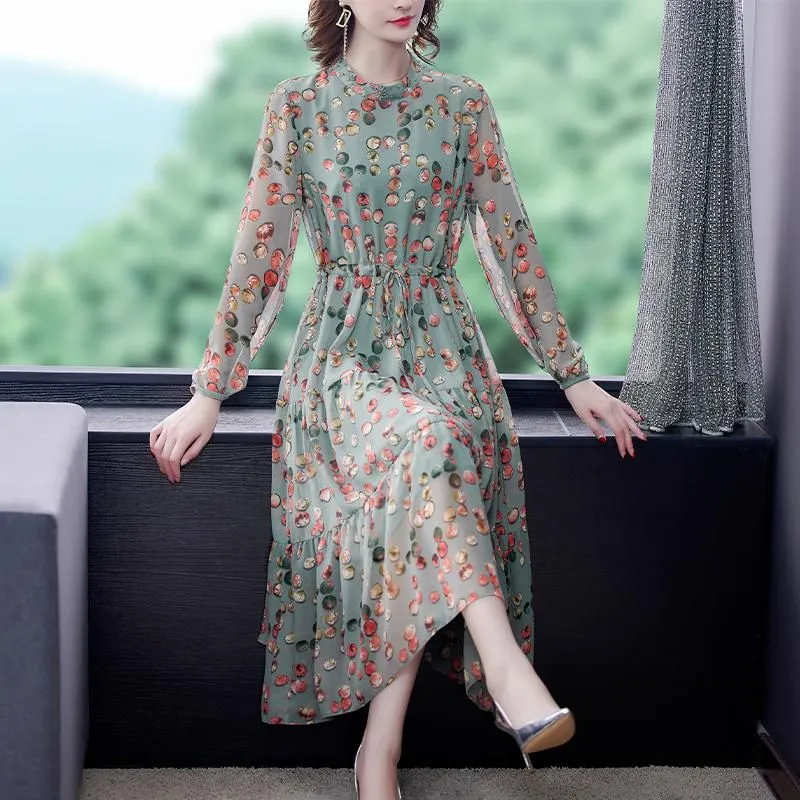 Casual Dresses Elegant Dot Print Long Sleeve Women 2023 Autumn Boho O Neck Chiffon A Line Dress Fashion Party Vestidos