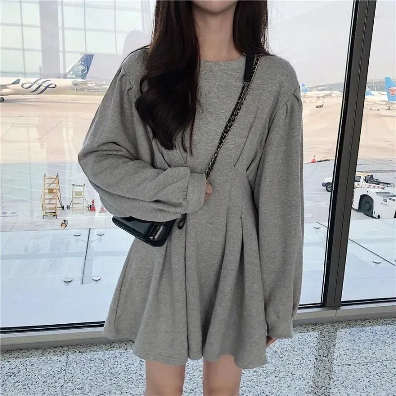 Casual Dresses Women`s O-Neck Pullover Dress Elastic Waist Puff Long Sleeve Mini Female Korean Elegant Bodycon A-Line