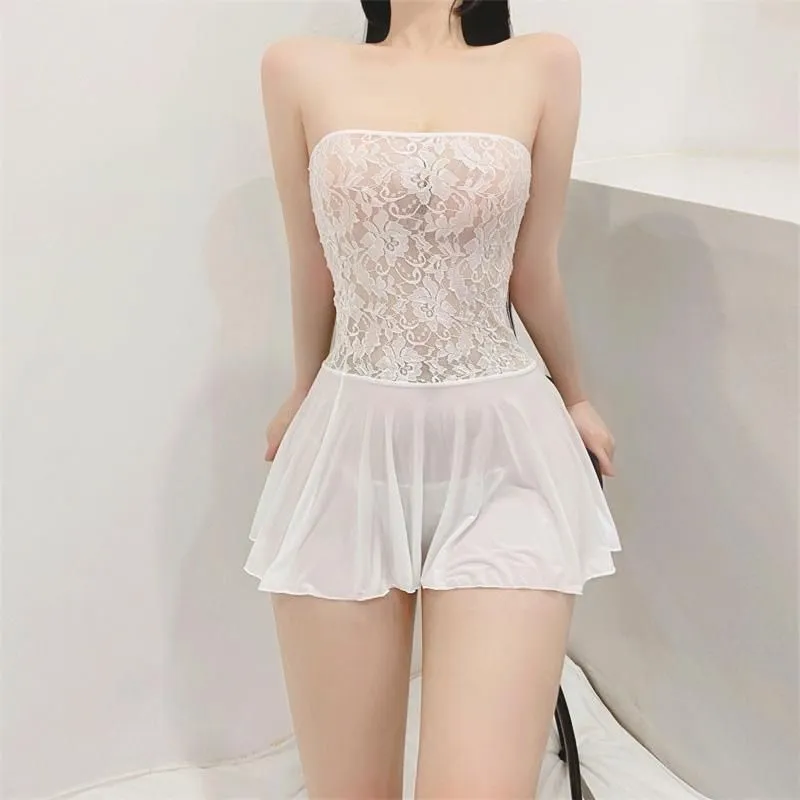 Casual Dresses Sexy Pleated Micro Mini Dress Sheer Uniform Ice Silk Lace Stitching Tube Top Clubwear Ruffled With ThongCasual