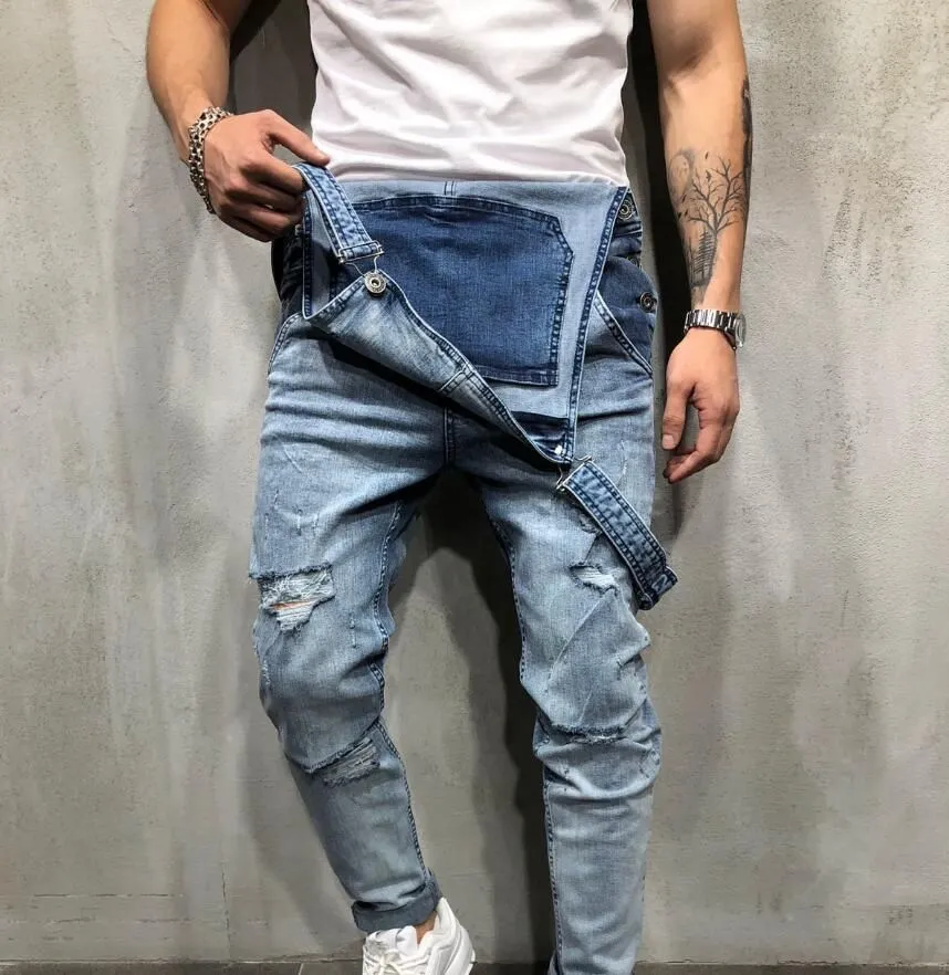 Fashion Mens Ripped Designer Jeans Jumpsuits Distressed Hole Denim Bib Overalls For Man Suspender Pants Asian Size
