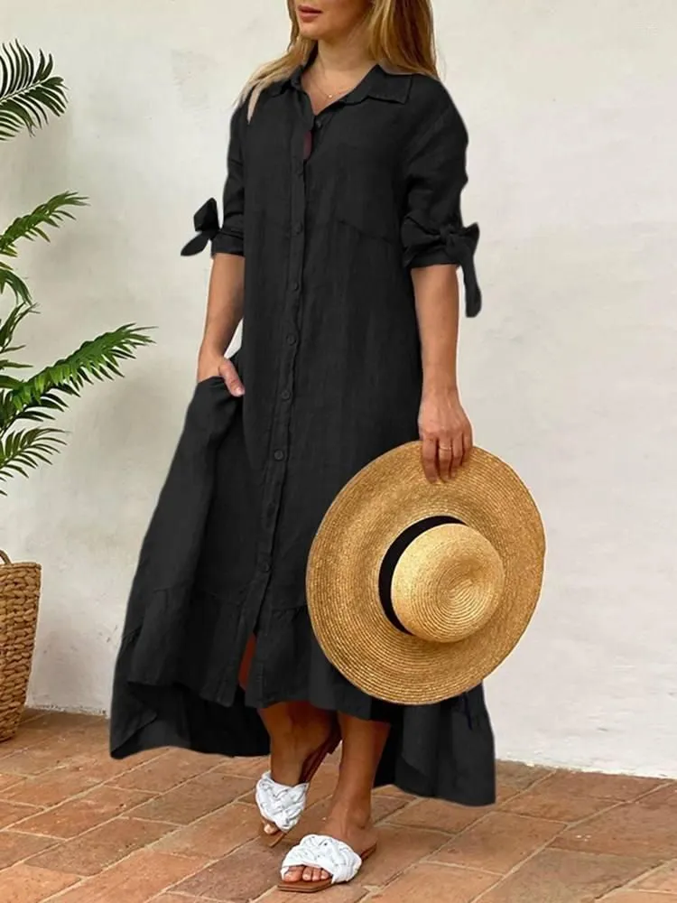 Casual Dresses VONDA Autumn Women Party Maxi Dress 2022 Solid 3/4 Sleeve Long Asymmetrical Ruffled Vestido Beach Sundress