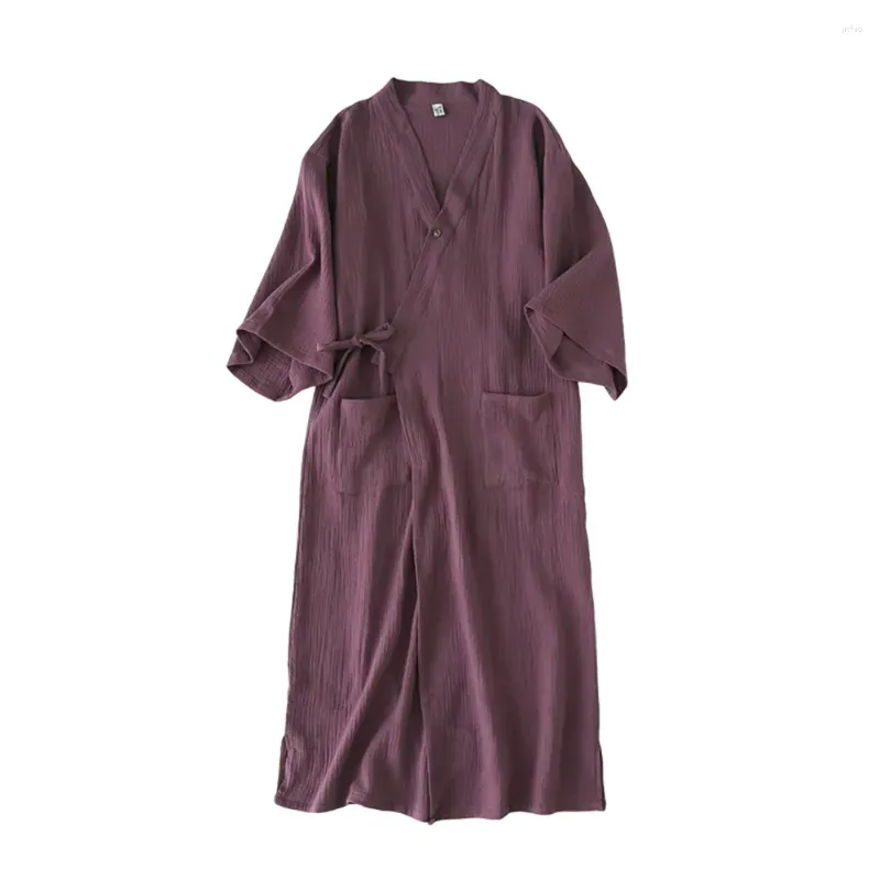 Men`s Sleepwear 1pcs Chinese Hanfu Pajamas Unisex Solid Color Lace-up Cotton Crepe Nightgown Home Costume Robe Loose Bathrobe Women Men