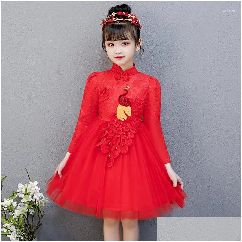 Ethnic Clothing Red Embroidery Phoenix Flower Girl Chinese Wedding Dress Qipao Children Cheongsam Kids Oriental Style Dresses Princess