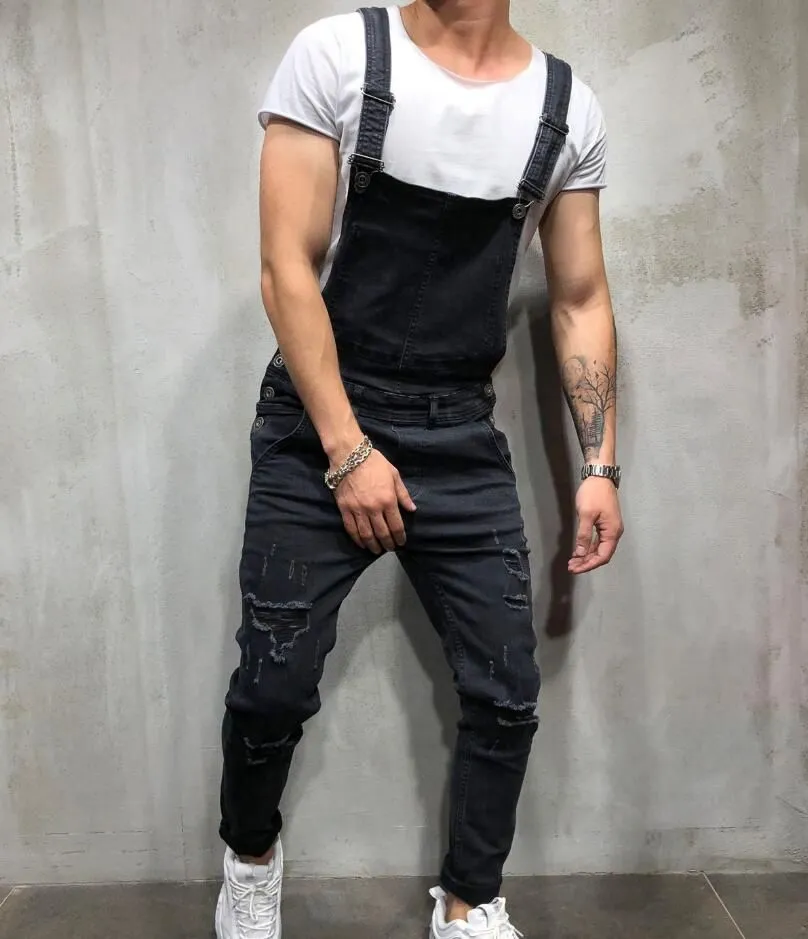 Fashion Mens Ripped Designer Jeans Jumpsuits Distressed Hole Denim Bib Overalls For Man Suspender Pants Asian Size