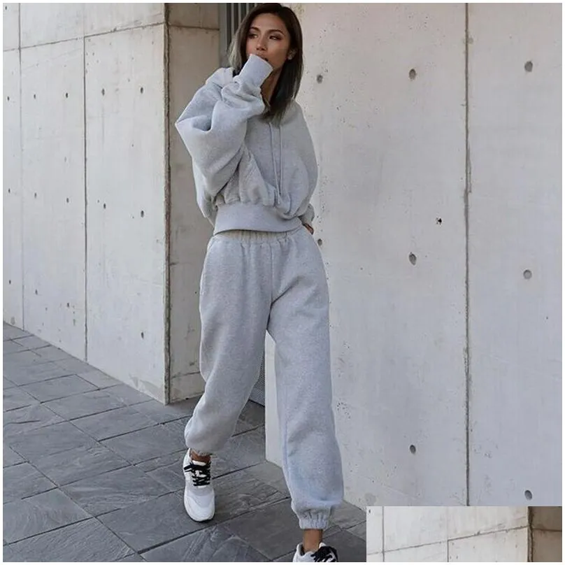 Women Sport Tracksuits Women Two Piece Clothing Set Tracksuit solid color Hoodie Sweatshirt Long Pant Jogger Outfit Set Female Sweat