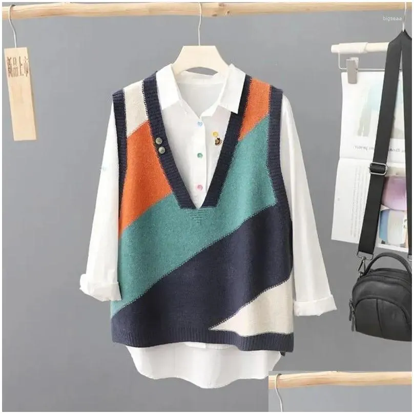 Women`s Vests V-necl Knitted Vest Spring And Autumn 2024 Loose Pullover Sleeveless Sweater Warm Top Ladies Print Waisvest H101