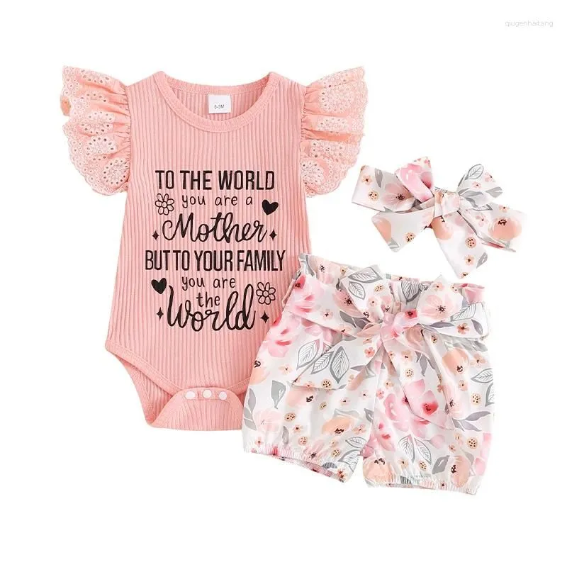 Clothing Sets My First Mothers Day Baby Girl Outfit Born Clothes Short Sleeve Ribbed Ruffle Romper Floral Shorts Headband Set