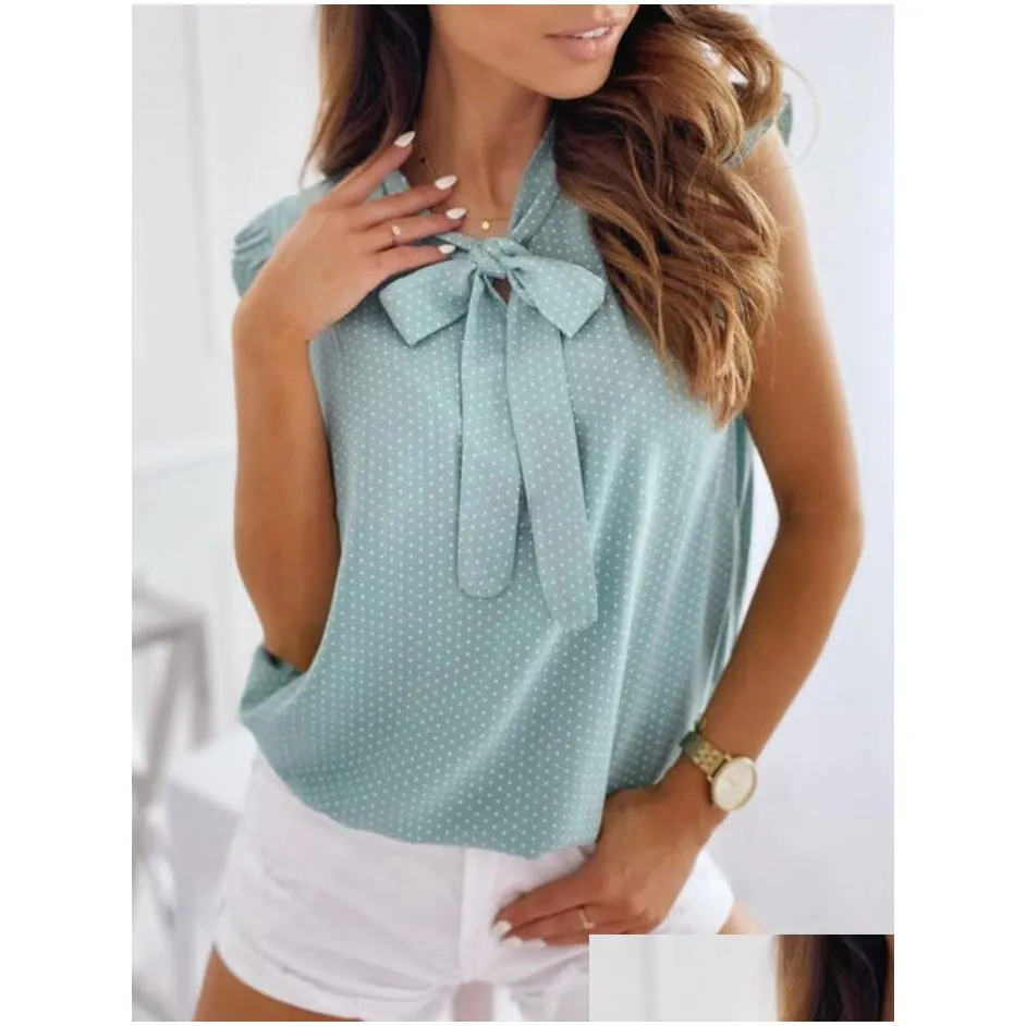 Women`s Tops Designer Exquisite Comfortable Fashionable High Quality Personality Polka Dot Bow Neck Sleeveless Shirt Top Female