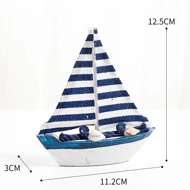 Mini Sailboat Model Decoration Wooden Miniature Sailing Boat Home Decor Set, Beach Nautical Design, Navy Blue and White