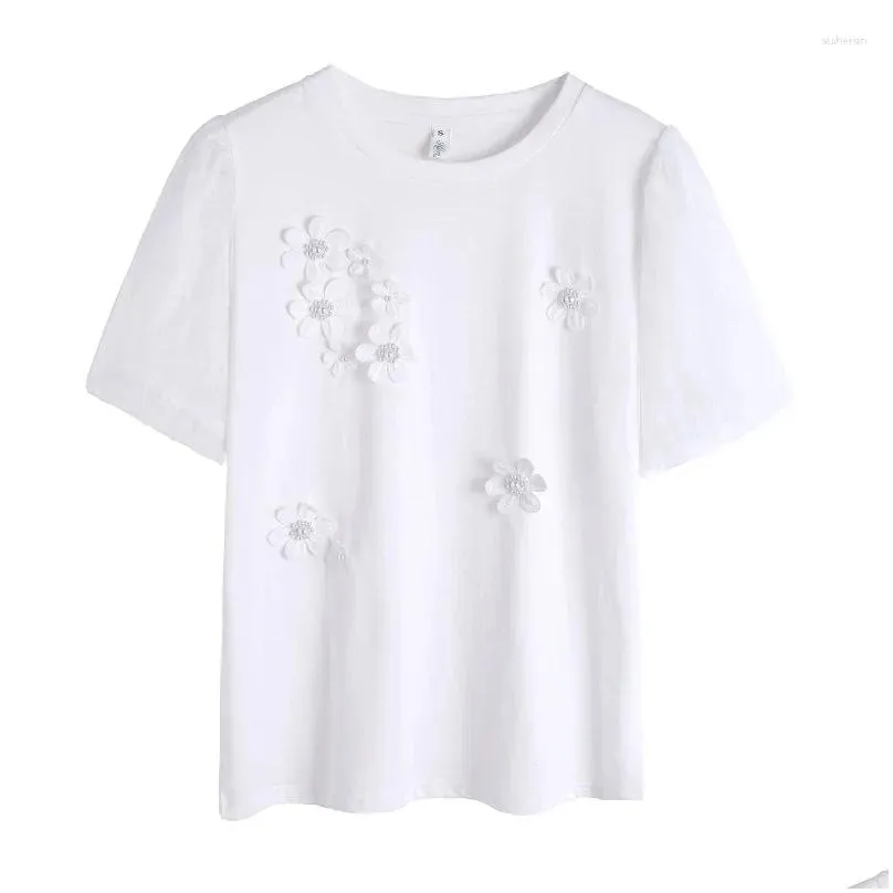 Women`s Blouses Summer Short Sleeve White Blouse Woman Round Collar Loose Women Tops Elegant Flower Casual Puff Shirt Clothes 27490