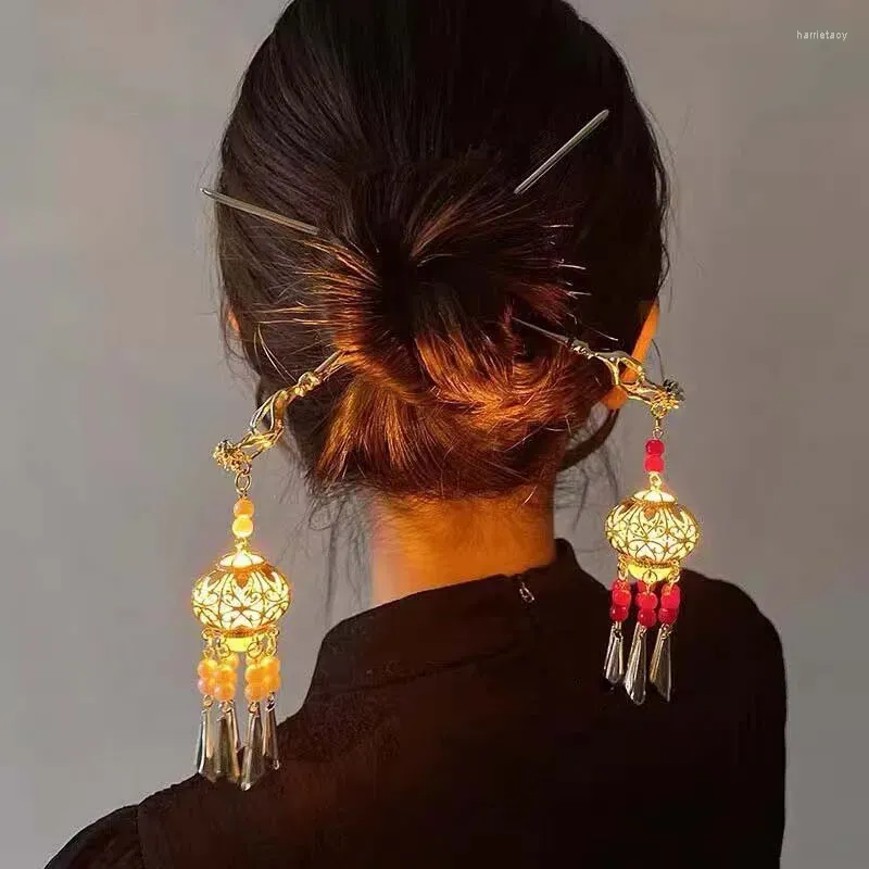 Vintage Chinese Style Lantern Light Tassel Hair Sticks Metal With Pendant Hairpin For Girls Accessories